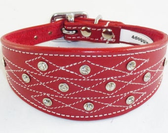 Red Diamante Stud and Stich Design Leather Collar For Whippet Greyhound Lurcher