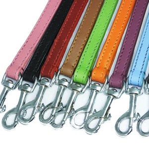 May include: Nine leather dog leads in various colours, including pink, black, red, brown, green, orange, purple, blue, and brown, with silver swivel clips.