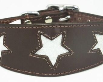 Brown Leather Whippet Collar Greyhound Collar Sparkle Glitter Star Sighthound Dogs
