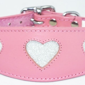 Pink Leather Whippet Collar Greyhound Collar Sparkle Glitter Heart Galgo Podenco Dog image 1