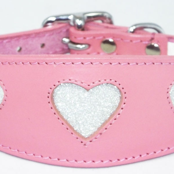 Pink Leather Whippet Collar Greyhound Collar Sparkle Glitter Heart Galgo Podenco Dog