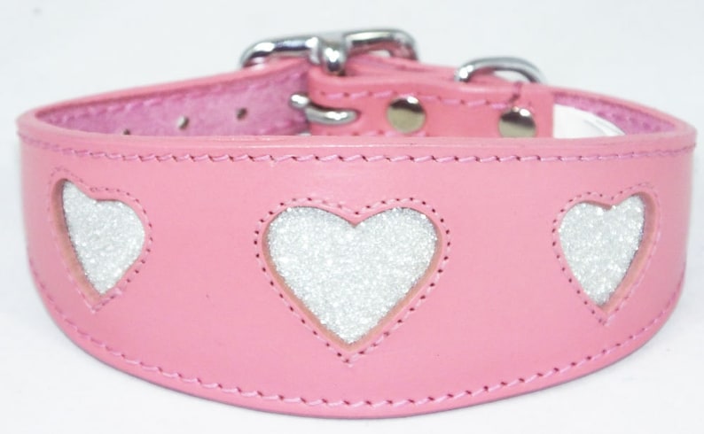 Pink Leather Whippet Collar Greyhound Collar Sparkle Glitter Heart Galgo Podenco Dog image 1