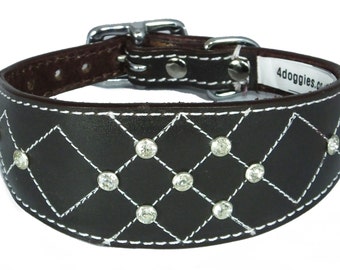 Brown Diamante Diamond Stitch Design Leather Whippet Collar Greyhound Collar Sight hound Dogs Collar