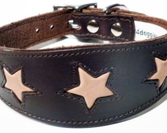 Brown Leather Whippet Collar Greyhound Collar With Tan Star Design Sighthound Dogs