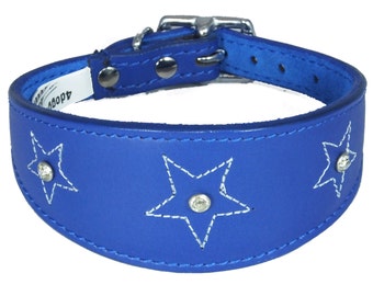 Dark Blue Star Diamante Stitch Design Leather Whippet Collar Greyhound Collar Sight hound Dogs Collar