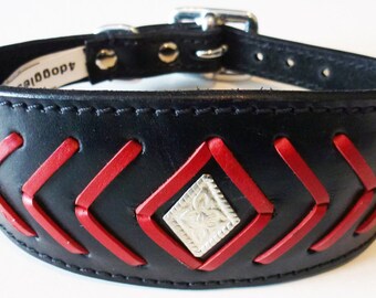 Black Fish Bone Stitch Leather Whippet Collar Greyhound Collars lévriers galgo