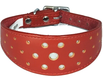 Red  Circle Glitter Design Leather Whippet Collar Greyhound Collar Sight hound Dogs Collar