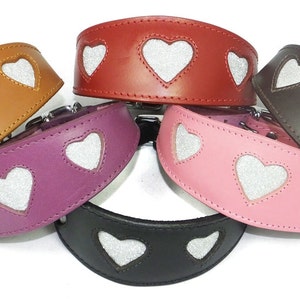 Pink Leather Whippet Collar Greyhound Collar Sparkle Glitter Heart Galgo Podenco Dog image 3