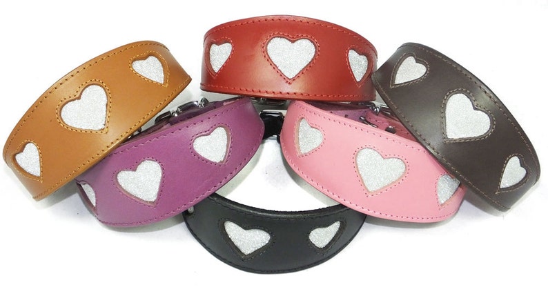 Pink Leather Whippet Collar Greyhound Collar Sparkle Glitter Heart Galgo Podenco Dog image 3