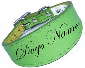 Green Laser Engraved Personalized Name Dog Collar Leather Dog Collar For Whippets, Greyhounds