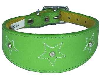 Green Star Diamante Stitch Design Leather Whippet Collar Greyhound Collar Sight hound Dogs Collar
