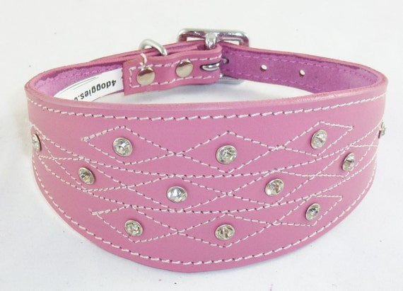 Pink Diamante Stud and Stich Design Leather Collar for Whippet
