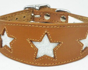 Tan Leather Whippet Collar Greyhound Collar Sparkle Glitter Star Sighthound Dogs
