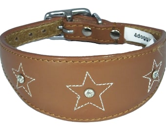 Tan Star Diamante Stitch Design Leather Whippet Collar Greyhound Collar Sight hound Dogs Collar
