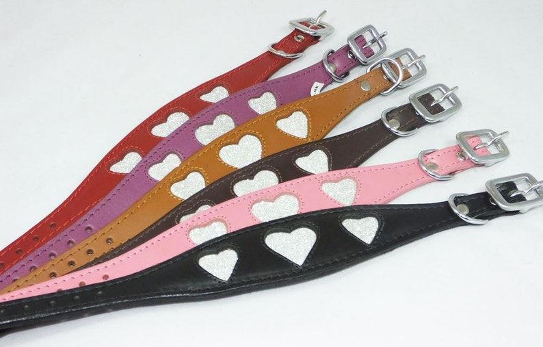 Pink Leather Whippet Collar Greyhound Collar Sparkle Glitter Heart Galgo Podenco Dog image 4