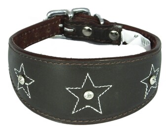 Brown Star Diamante Stitch Design Leather Whippet Collar Greyhound Collar Sight hound Dogs Collar