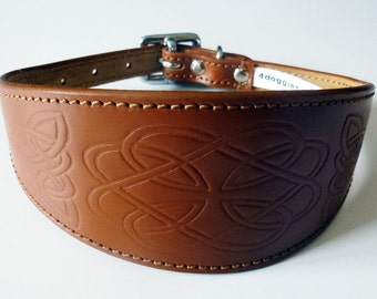 Tan Celtic Design Leather Dog Collars Whippet Collar Greyhound Dog Collar