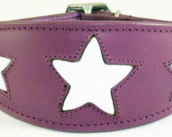 Purple Leather Whippet Collar Greyhound Collar With White Star Design Sighthound Dogs