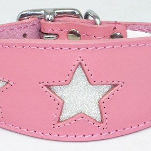 Pink Leather Whippet Collar Greyhound Collar Sparkle Glitter Star Sighthound Dogs