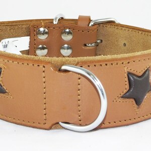 May include: A brown leather dog collar with a silver buckle and D-ring. The collar has five silver studs and four black star-shaped patches.