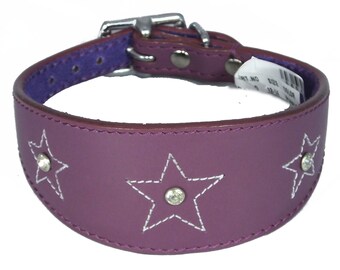 Purple Star Diamante Stitch Design Leather Whippet Collar Greyhound Collar Sight hound Dogs Collar