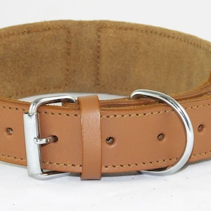 May include: A brown leather dog collar with a silver buckle and D-ring. The collar is padded with a soft brown suede lining.