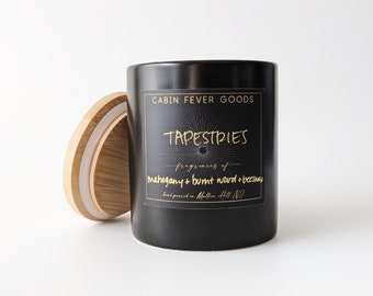 Tapestries. Mahogany Burnt Wood Beeswax Scented Soy Candle. Hand Poured Luxury Candle. Essential Oil Jar Candle. Clean Burning. Unique Gifts