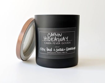 Cabin Hideaway. Clove Sandalwood Scented Soy Candle. Woody Scent. Wood Wick Candles. Housewarming Gift. Unisex Fragrance. Unique Gifts.