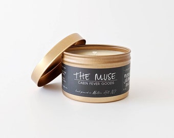The Muse. Jasmine Neroli Fragrance. Hand Poured Candle Tin. Clean Burning. Non Toxic Soy Candle. Eco Friendly Gift. Modern Rustic Decor.