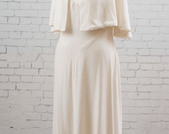 Natural white velvet evening gown, wedding dress, with hooded cape, vintage