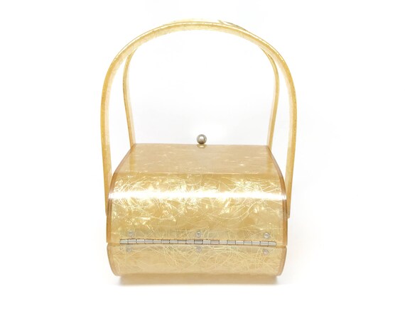 Gold Lucite Purse Myles Rare - Bridal Gold Threads Lucite Bag - Double Handle Gold Fleck Bag - Vintage Myles Lucite Bag Mint Condition View 6