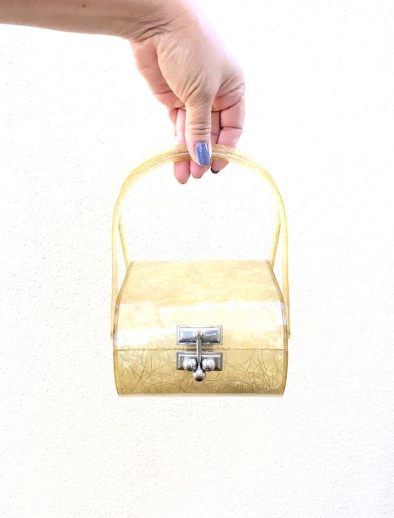Gold Lucite Purse Myles Rare - Bridal Gold Threads Lucite Bag - Double Handle Gold Fleck Bag - Vintage Myles Lucite Bag Mint Condition View 2