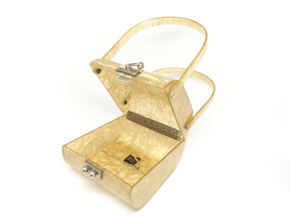 Gold Lucite Purse Myles Rare - Bridal Gold Threads Lucite Bag - Double Handle Gold Fleck Bag - Vintage Myles Lucite Bag Mint Condition View 4