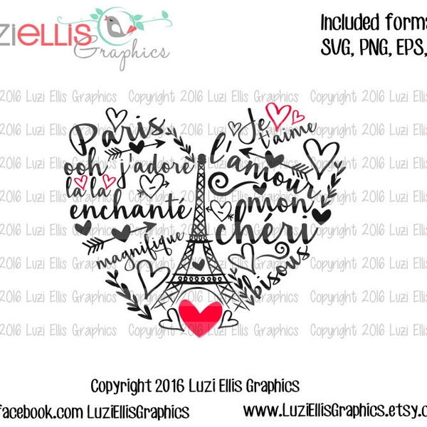 Paris Eiffelturm Wort Herz - l ' amour, Enchante, Mon Cheri, ooh la la-SVG EPS-DXF-Dateien für Vinyl-Cutting-Projekte schneiden Dateien - Ironon