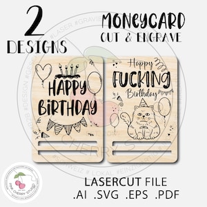 2 diseños de porta tarjetas de dinero para cumpleaños, listo para láser, SVG, archivo digital, corte láser, Glowforge