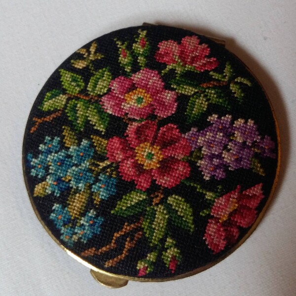 Reserved Vintage Austrian Micro Petit Point Compact, Romantic Flowers, Summer Flowers, Dog Rose, Forget-Me-Not, Lilac, Austria 1930s-50s