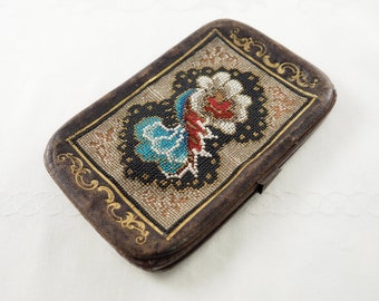 Antique Victorian Gentlemans Leather and Beaded Cigar Case, Red Leather Interior, Sprung Holders, Clasp Marked Brevete, France 1860-80