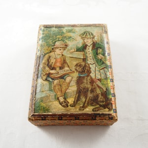 Caja de regalo victoriana de papel, cartón con cromolitografía, dos niños y un perro, tapa de papel con bisagras, efímera de papel, Alemania, década de 1880