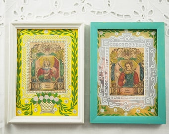 A Pair of Antique Reverse Glass Paintings, Votives,Handcolored Prints, Dresden Foils, St Jeanne and St Hubert, French 1800s
