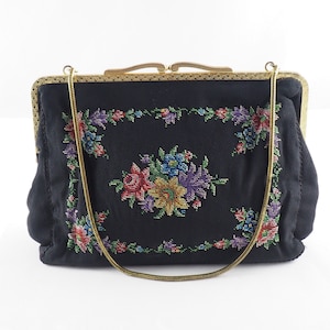 Vintage Petit Point Embroidered Evening Bag, Front Worked with Roses and Summer Flowers, Black Faille Lining, Brass Hardware, Germany 1930s