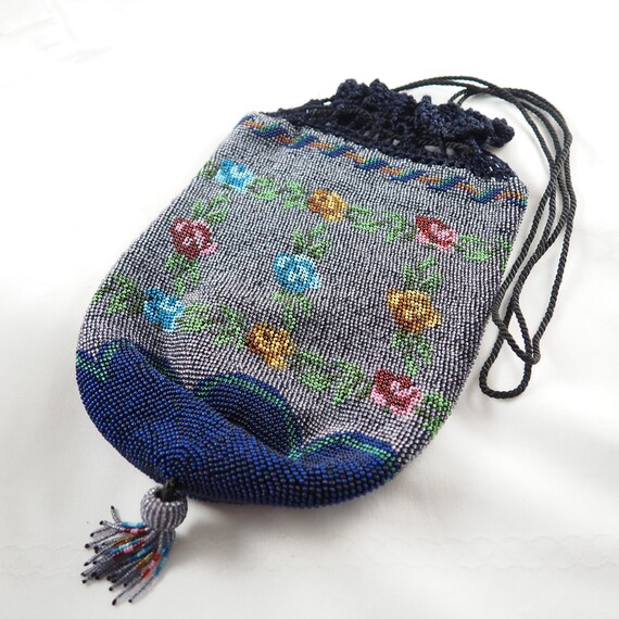 Antique Victorian Beaded Reticule with Blue Beads… - image 5