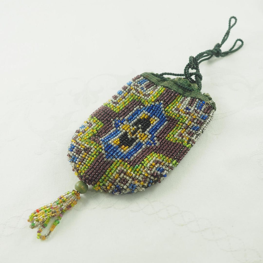 Netted Reticule Vintage Art Deco Beaded Reticule or Pouch, Knitted Border and ...