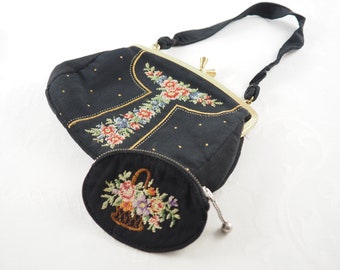 Vintage 1930s Petit Point Evening Bag and Coin Purse, Black Crepe Fabric, Embroidered Roses, Brass Frame with Faux Pearls, Germany 1930s