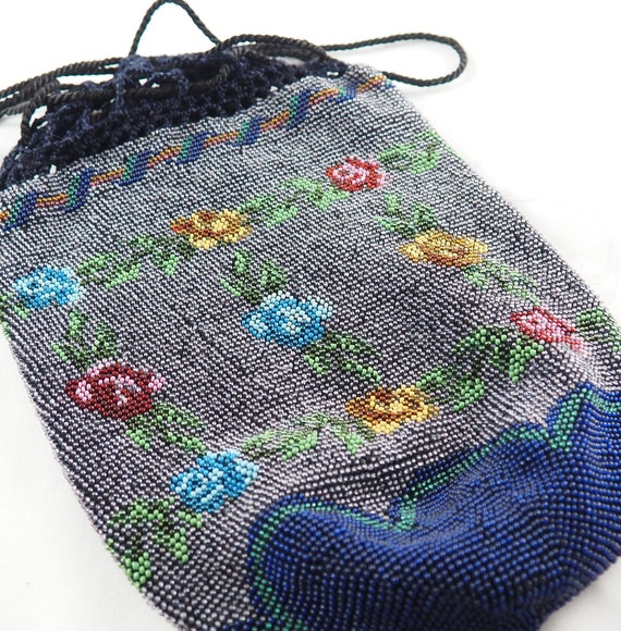 Antique Victorian Beaded Reticule with Blue Beads… - image 8