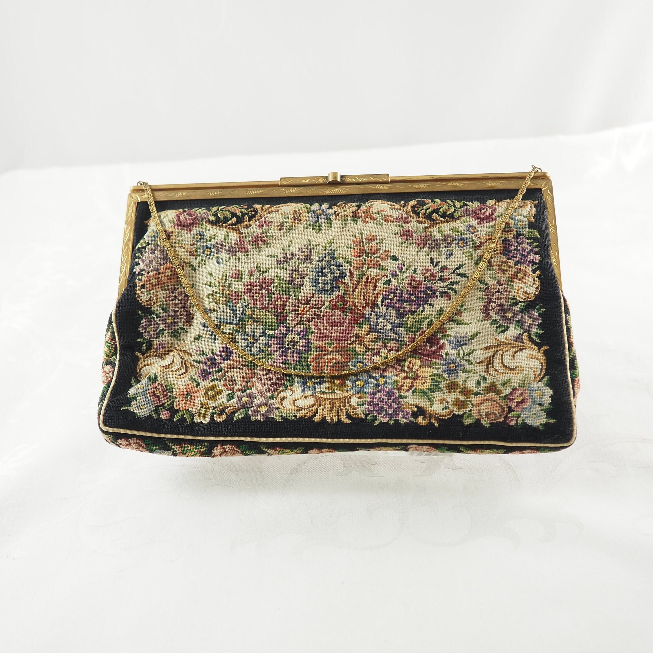 Vintage Micro Petit Point Evening Bag With Roses and