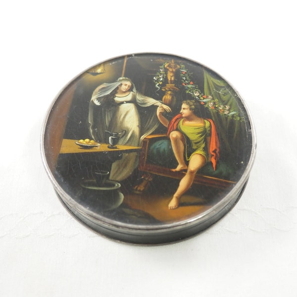 Antique Late Georgian Papier Mache Lacquer Snuff Box, Painted with The Bride of Corinth, Poem by Goethe, Germany Style of Stobwasser,  1800