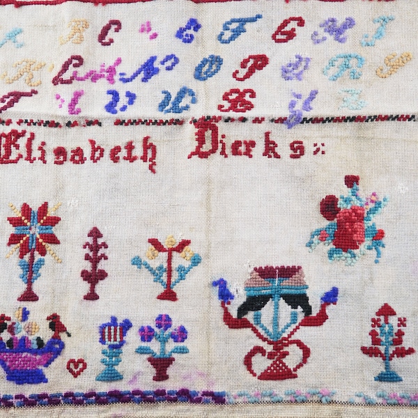 Antique Victorian Berlin Wool Work Needlework Sampler with Alphabets and Flowers on Linen, Unframed, Elisabeth Dierks, Holland  1880