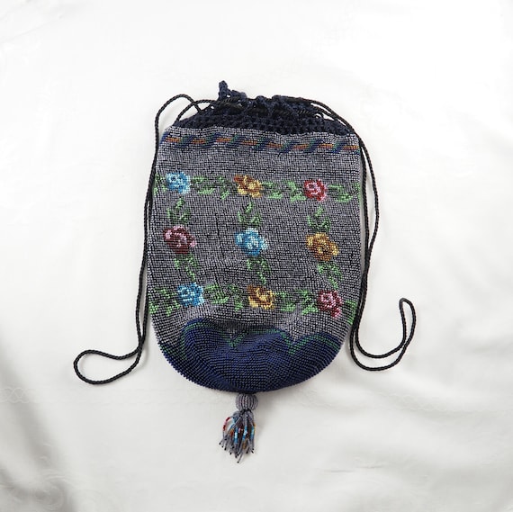 Antique Victorian Beaded Reticule with Blue Beads… - image 1