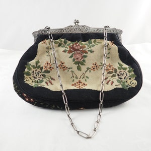 Antike Viktorianische Massiv Silber Abendtasche Rahmen, Langer Kettenhenkel, Petit Point Jugendstil Tasche, 800 Standard Silber, Deutschland 1890-1900