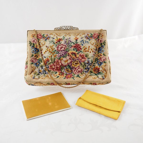 Vintage Jolles Original Petit Point Evening Bag, Coin Purse and Mirror, Garden Flowers, Brass Frame, Golden Satin Lining, Austria 1950s